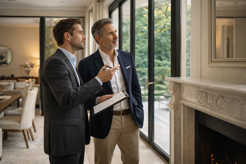 inspection d'une élégante cheminée en marbre