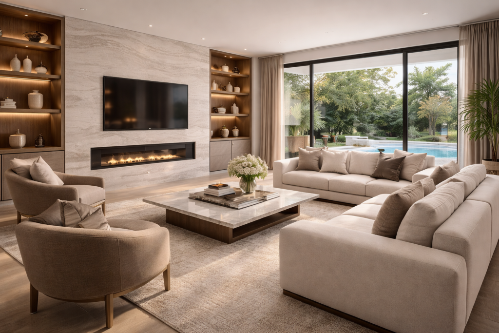 salon moderne et lumineux avec cheminée